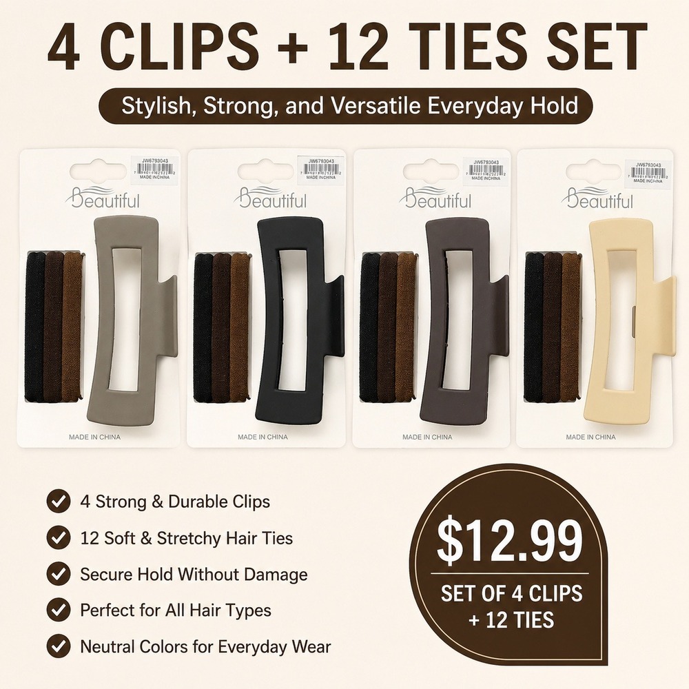 Beautiful 16pc Hair Accessory Set 4 Matte Neutral Claw Clips 12 Elastic Ties NEW